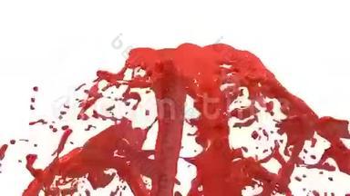 美丽的喷泉红色液体飞溅，喷泉3D白色背景与阿尔法哑光。 许多红色的油漆流
